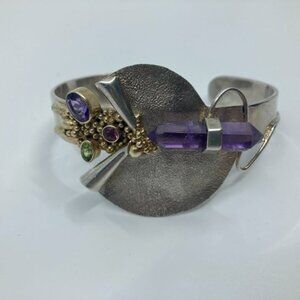 Vtg 1980s modernist sterling 925 amethyst peridot handcrafted cuff bracelet